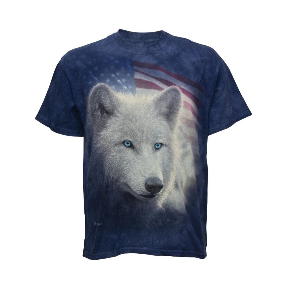 The Mountain Patriotic Blue Tie Dye White Wolf US Flag Shirt Men's Large NWOT